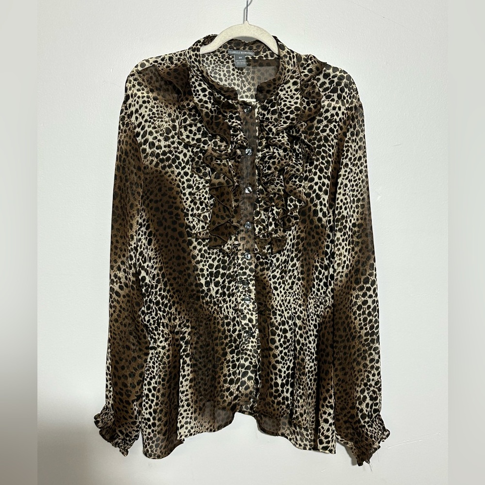 Isabella Rodriguez Women’s 2X Semi Sheer Ruffle Blouse Animal Print | SKU 0985